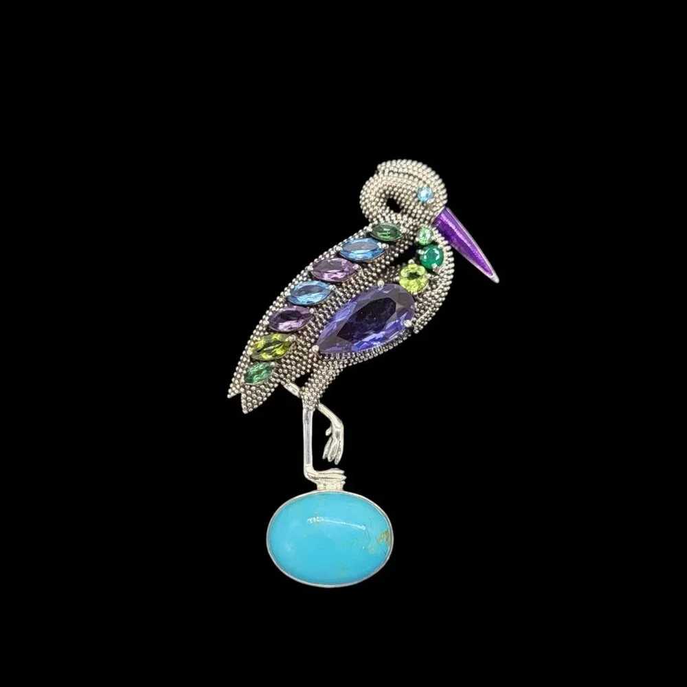 Nicky Butler Rare Heron Brooch Pendant Turquoise & Gemstone .925 Sterling SIlver - Picture 2 of 12